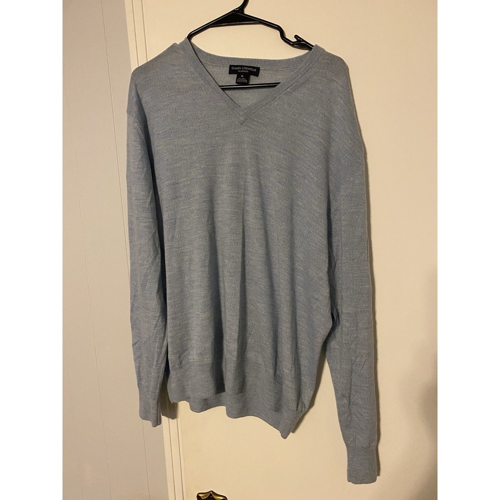 Men's Sweater 90% Wool 10% Cashmere Light Blue XL V-Neck Daniel Cremieux